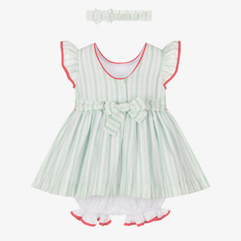 Pretty Originals Girls Green Stripped Smocked Dress