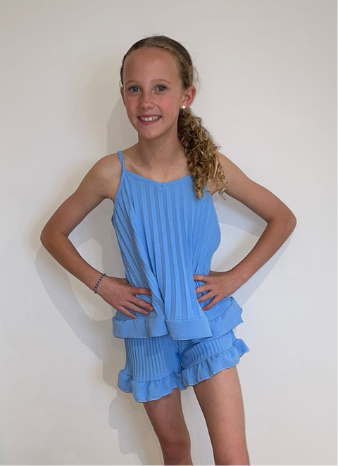 Girls Blue Two Piece Pleated Shorts Set