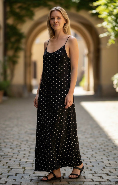 Ladies Navy And White Polka Dot Cross Over Back Maxi Dress