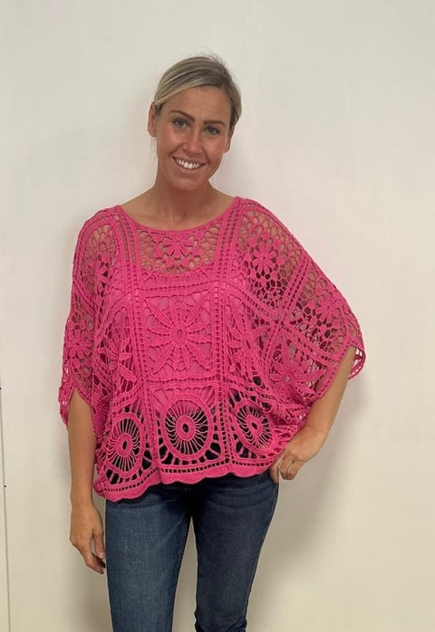 Ladies Crochet Top in Bright Pink