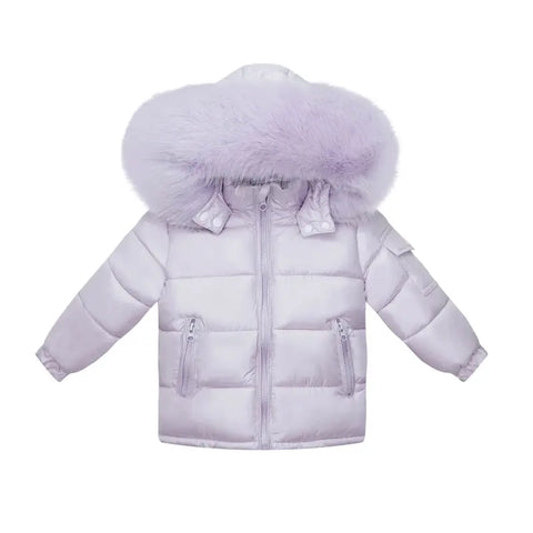 Baby Girls Lilac Puffer Coat With Faux Fur