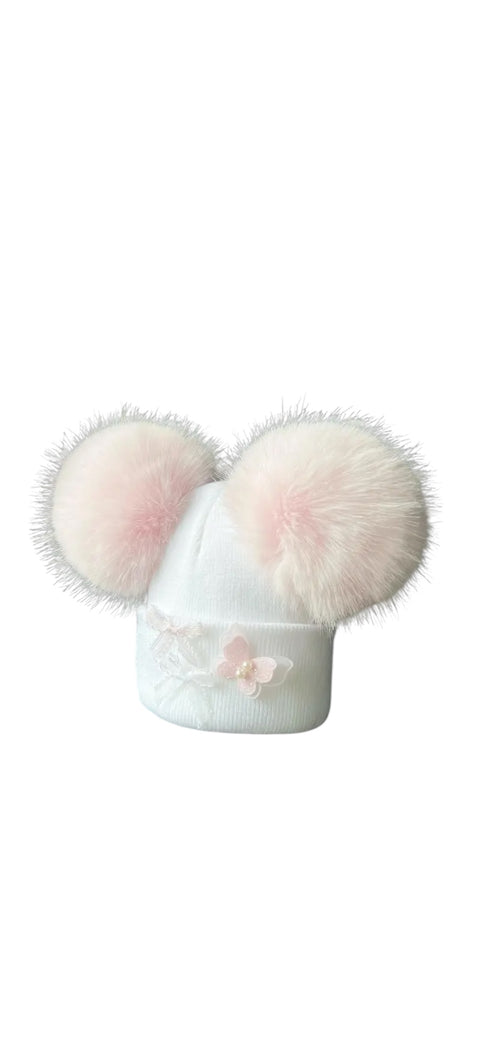 White Knitted Hat With Two Pink Faux Fur Pom Poms