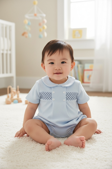 Baby Boys Baby Blue and Navy Cotton Romper