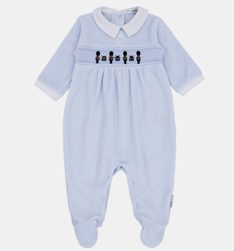 Blues Baby Light Blue Soldier Smocking Velour Babygrow