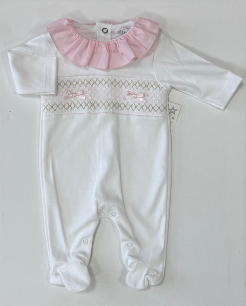 Baby Girls White Babygrow with Pink Collar
