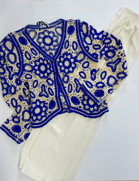 Ladies Crochet Jumper In Blue and Cream