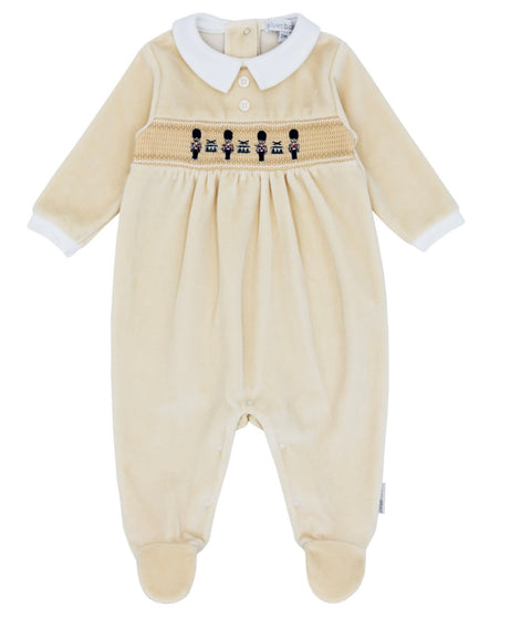 Blues Baby Beige Soldier Smocking Velour Babygrow