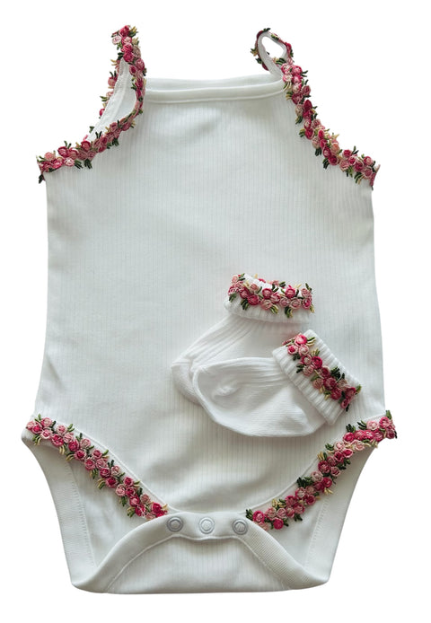 Baby Girls Handmade Set With Pink  Floral Detailing