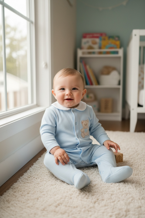 Baby Boys Baby Blue Baby Grow With Teddy