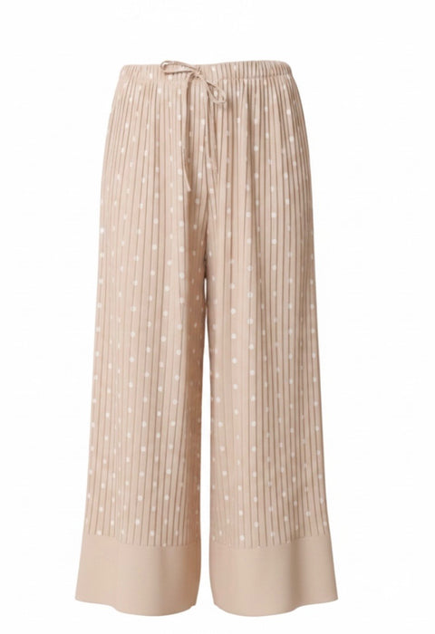 Ladies Taupe And White Polka Dot Pleated  Elastic Waist Wide Leg Trousers