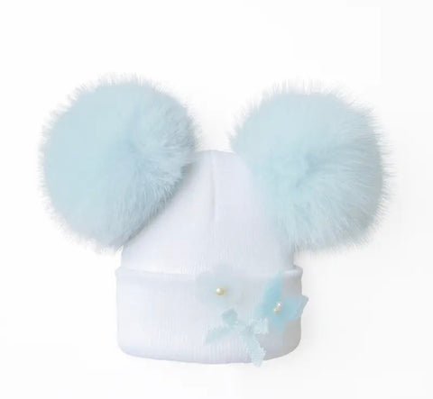 White Knitted Hat With Two Blue Faux Fur Pom Poms
