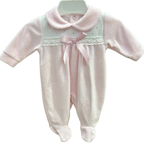 Baby Girl's Pink Ribbon Detail Velour Babygrow