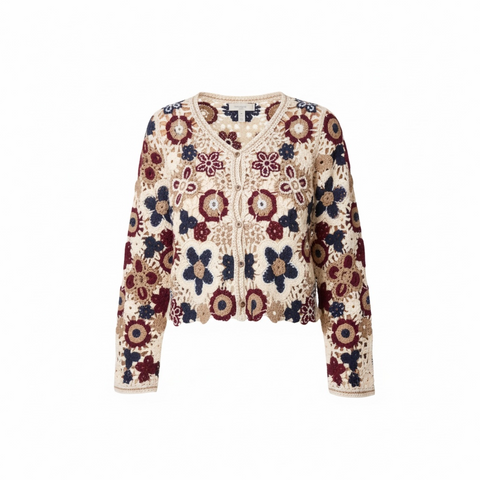 Ladies Crochet Cardigan In Cream With Red And Blue