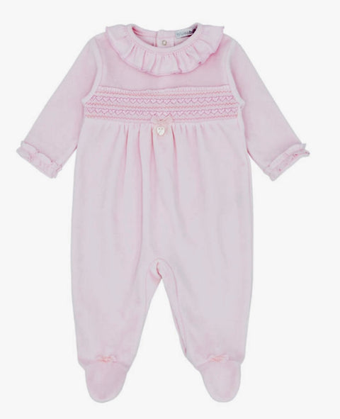 Baby Girl Velour Babygrow With Smocking Detail