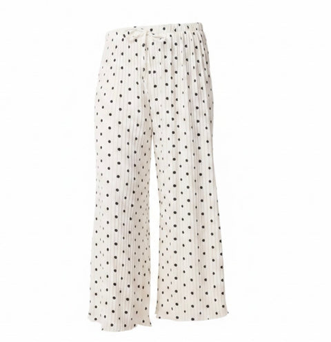 Ladies White And Black Polka Dot Pleated  Elastic Waist Wide Leg Trousers