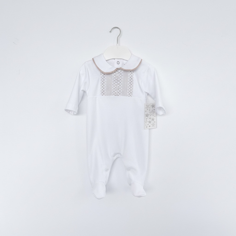 Baby Boys White Babygrow with Tan