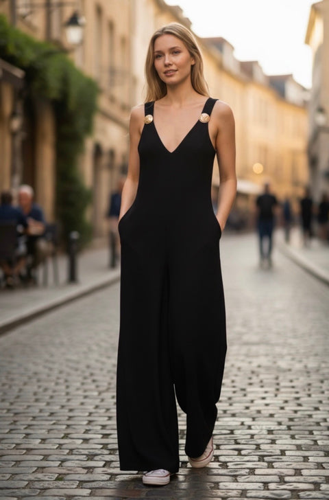 Ladies Black Wide Leg Jumpsuit