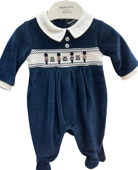 Blues Baby Navy Blue Soldier Smocking Velour Babygrow