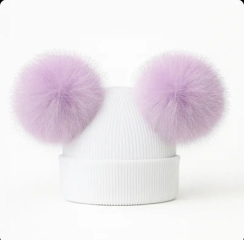 White Knitted Hat With Two Lilac Faux Fur Pom Poms
