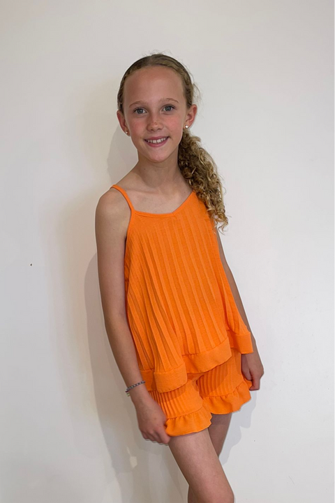 Girls Orange Two Piece Pleated Shorts Set