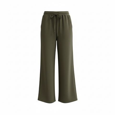 Ladies Khaki Elastic Waist Wide Leg Trousers