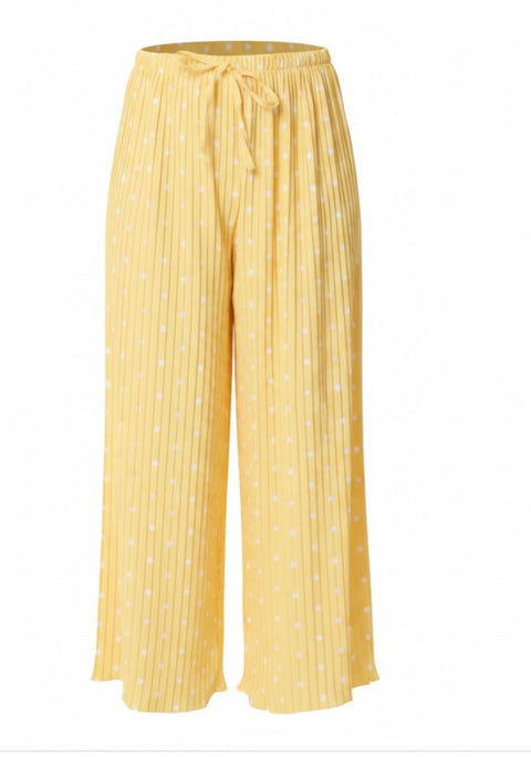 Ladies Lemon And White Polka Dot Pleated  Elastic Waist Wide Leg Trousers