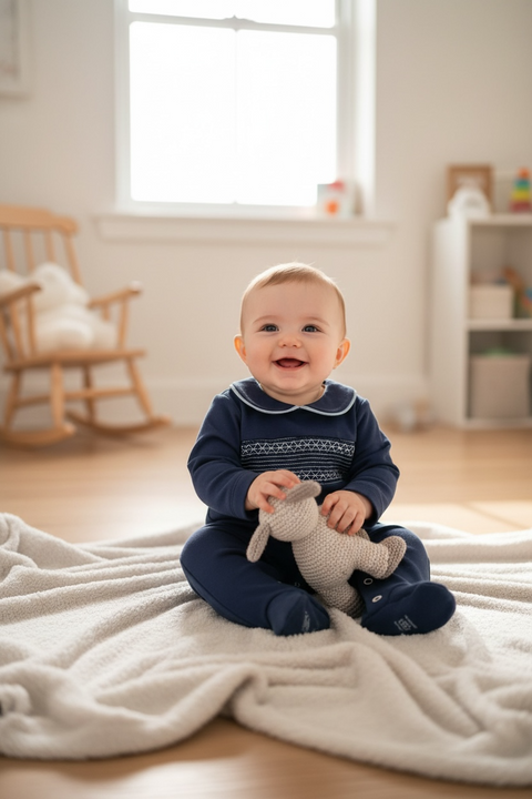 Baby Boys Navy Smocked Baby Grow