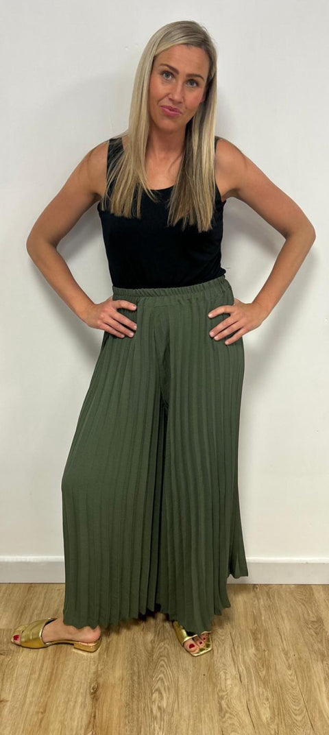 Ladies Khaki Pleated Wide Leg Trousers
