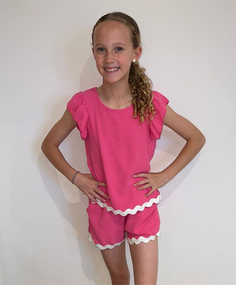 Girls Bright Pink And White Two Piece  Shorts Set