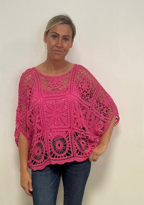 Ladies Crochet Top in Bright Pink