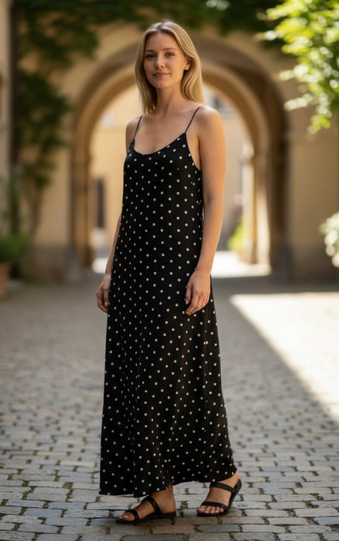 Ladies BlackAnd White Polka Dot Cross Over Back Maxi Dress