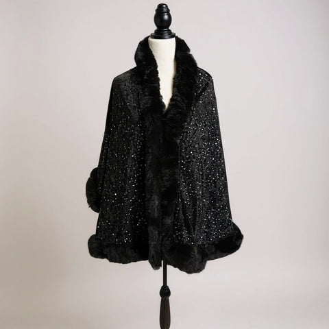 Ladies Faux Fur and Sequin Cape Coat (Reversable)