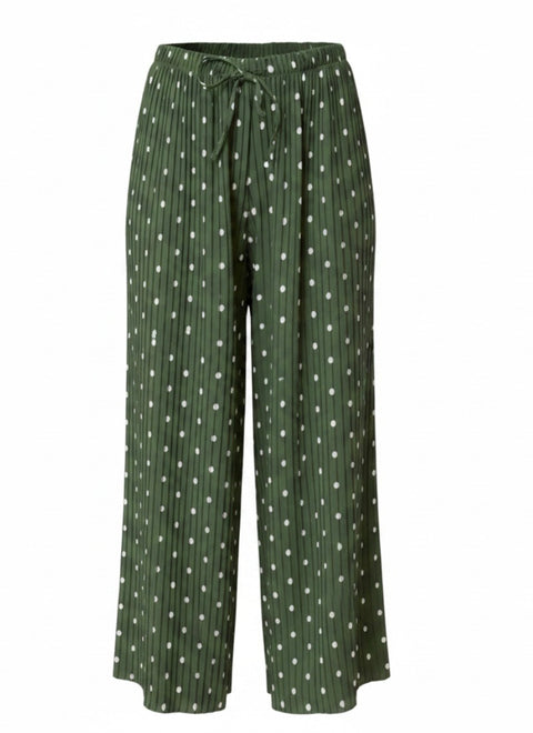 Ladies Khaki And White Polka Dot Pleated  Elastic Waist Wide Leg Trousers