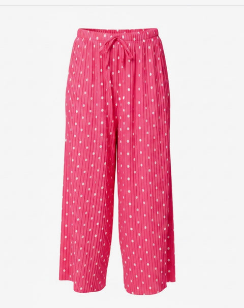 Ladies Pink And White Polka Dot Pleated  Elastic Waist Wide Leg Trousers