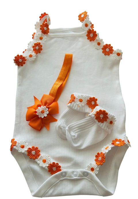 Baby Girls Handmade Set With Orange And White Floral Detailing