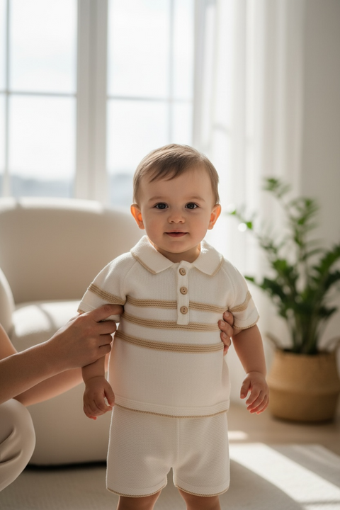 Baby Boys Beige Stripe Knitted Short Set