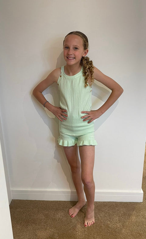 Girls Mint Green Two Piece Knitted Shorts Set