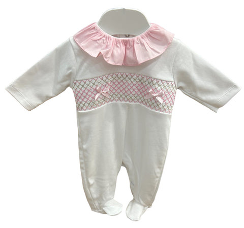 Baby Girl's White Smocked Detail Babygrow