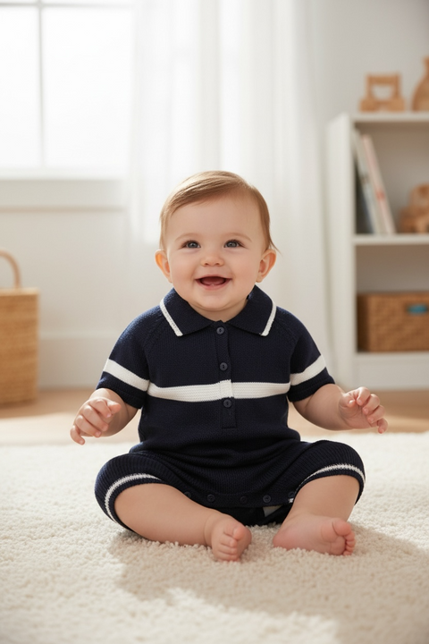 Baby Boys Navy Knitted Romper
