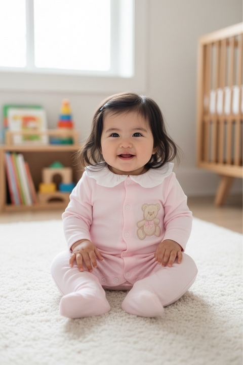 Baby Girls Pink Babygrow With Teddy Motif