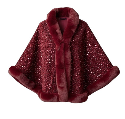 Ladies Faux Fur and Sequin Cape Coat (Reversible)