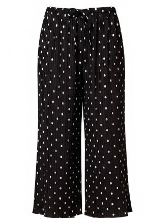 Ladies Black And White Polka Dot Pleated  Elastic Waist Wide Leg Trousers