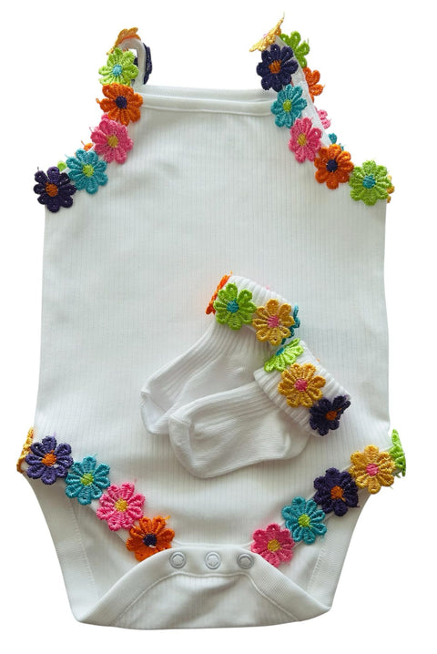 Baby Girls Handmade Set With Multi Coloured  Floral Detailing
