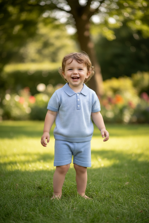 Baby Boys Blue Fine Stripe Knitted Short Set