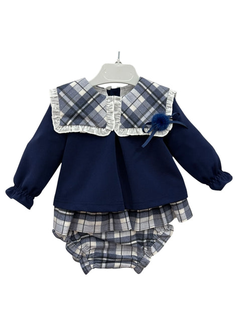 Cuka Navy Blue Dress With Checked Collar And Pants