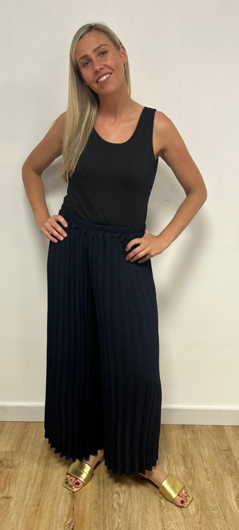 Ladies Navy Pleated Wide Leg Trousers