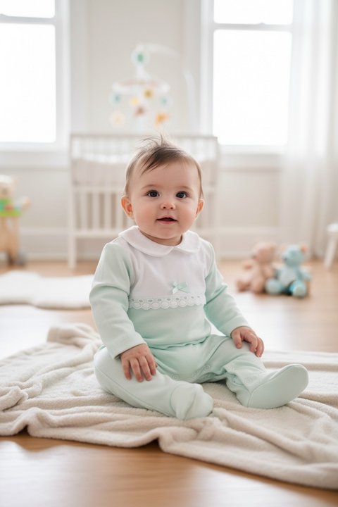 Baby Girls Mint Green & White Baby Grow