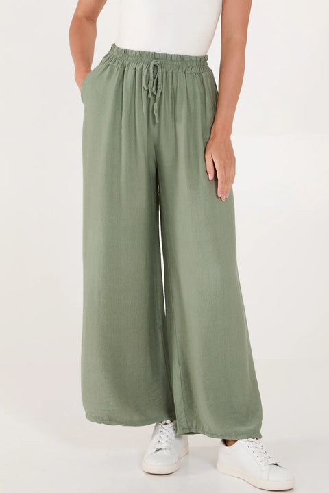 Ladies Khaki Elastic Waist Wide Leg Trousers