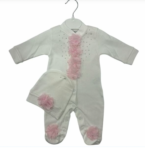 Baby Girls Ivory Babygrow with Pink Detail