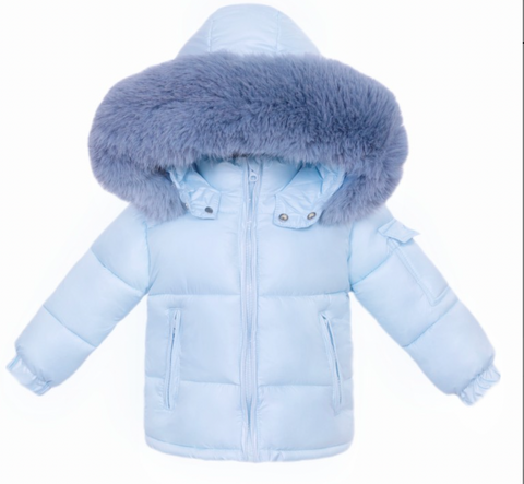 Baby Boys Blue Puffer Coat With Faux Fur Detailing on the Hood